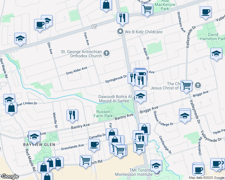 map of restaurants, bars, coffee shops, grocery stores, and more near 11 Green Ash Crescent in Richmond Hill