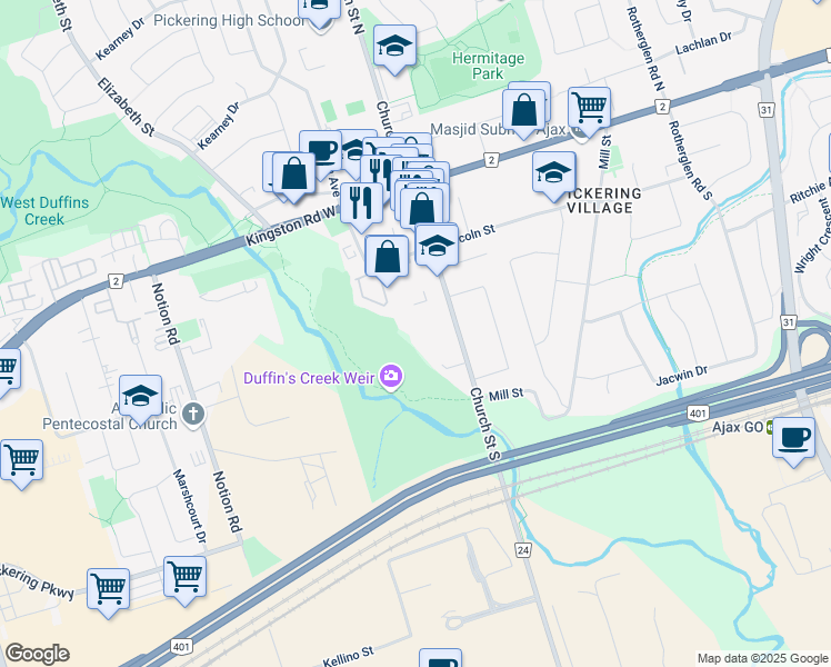 map of restaurants, bars, coffee shops, grocery stores, and more near in Ajax