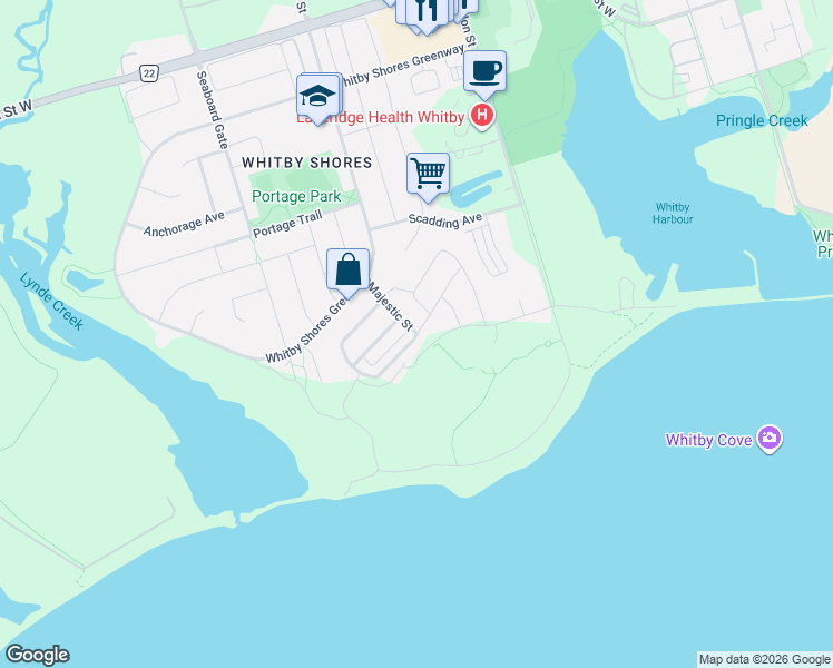 map of restaurants, bars, coffee shops, grocery stores, and more near Harbourside Drive in Whitby