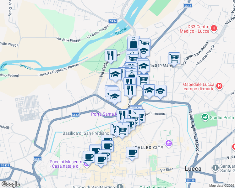 map of restaurants, bars, coffee shops, grocery stores, and more near 664 Via delle Tagliate Iii in Lucca