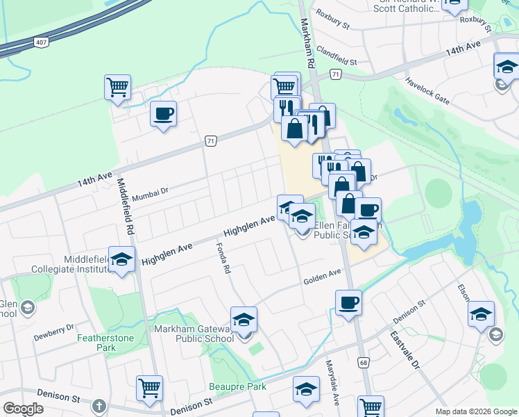 map of restaurants, bars, coffee shops, grocery stores, and more near in Markham