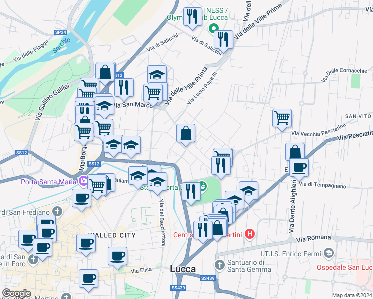 map of restaurants, bars, coffee shops, grocery stores, and more near Via Ospedale in Lucca