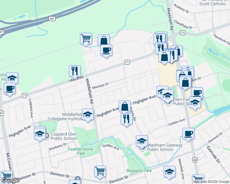 map of restaurants, bars, coffee shops, grocery stores, and more near 41 Robert Eaton Avenue in Markham