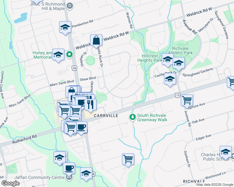 map of restaurants, bars, coffee shops, grocery stores, and more near 116 Castle Rock Drive in Richmond Hill