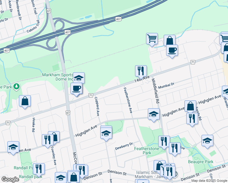 map of restaurants, bars, coffee shops, grocery stores, and more near 40 Quantum Street in Markham
