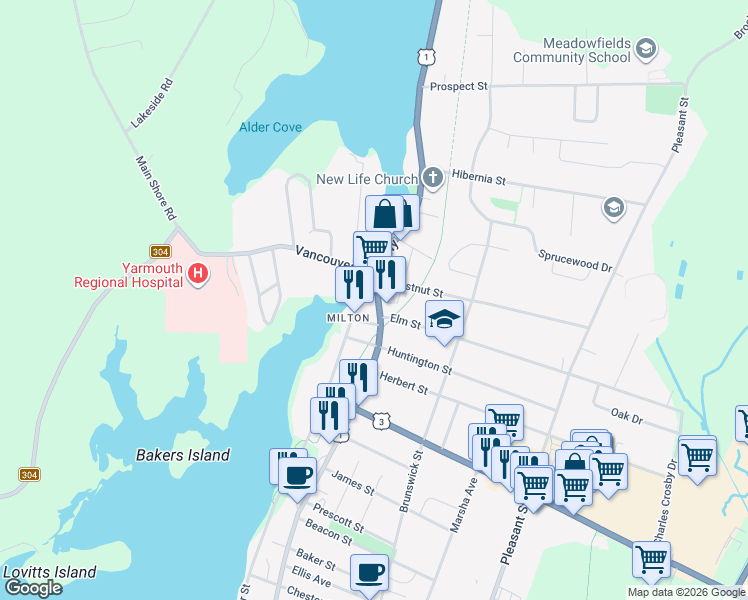 map of restaurants, bars, coffee shops, grocery stores, and more near 610 Main Street in Yarmouth