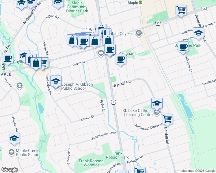 map of restaurants, bars, coffee shops, grocery stores, and more near 9846 Keele Street in Vaughan