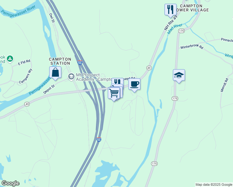 map of restaurants, bars, coffee shops, grocery stores, and more near 11 Vintinner Road in Campton
