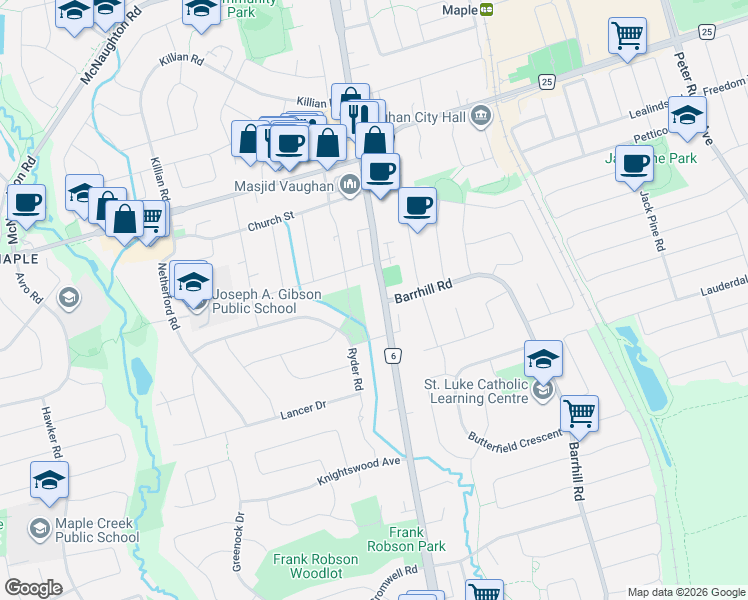 map of restaurants, bars, coffee shops, grocery stores, and more near 9846 Keele Street in Vaughan