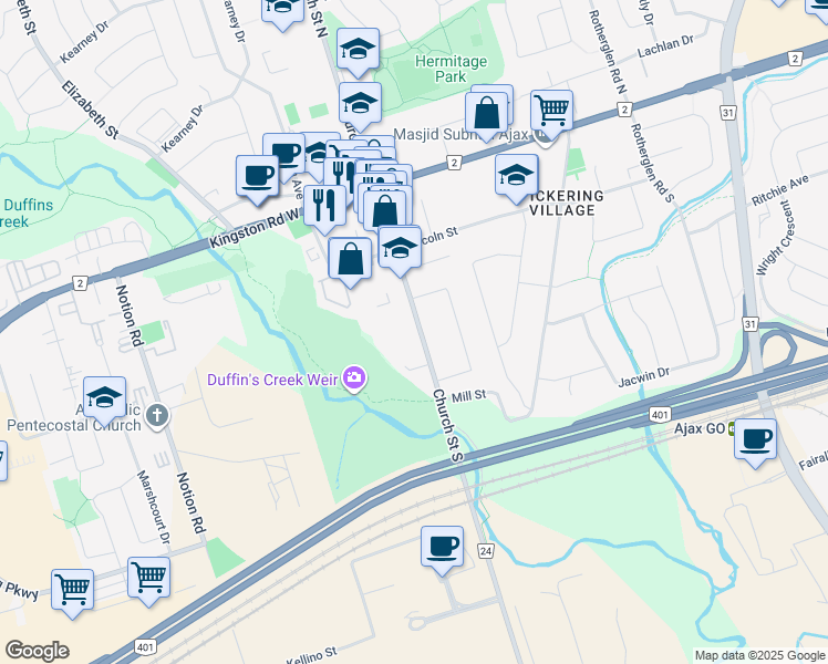 map of restaurants, bars, coffee shops, grocery stores, and more near 82 Church Street South in Ajax