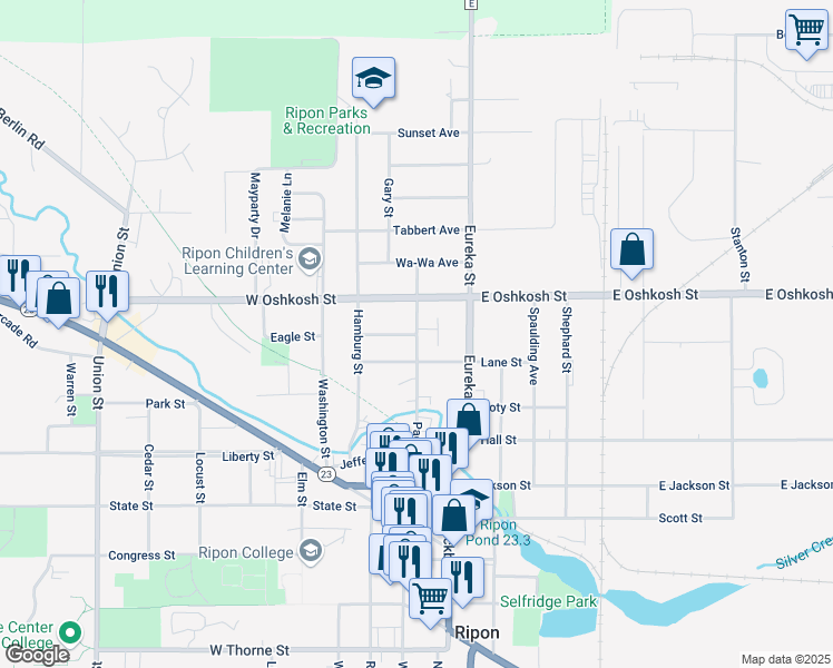 map of restaurants, bars, coffee shops, grocery stores, and more near 219 West Oshkosh Street in Ripon
