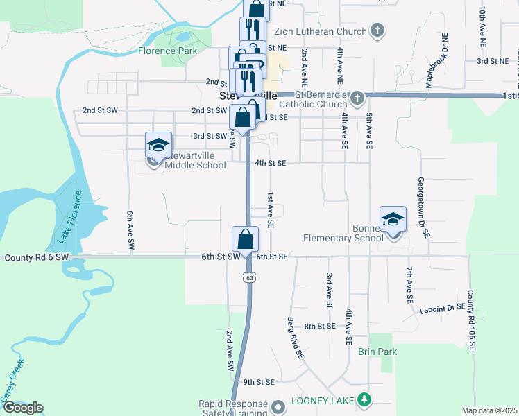 map of restaurants, bars, coffee shops, grocery stores, and more near 415 South Main Street in Stewartville
