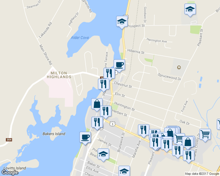 map of restaurants, bars, coffee shops, grocery stores, and more near 610 Main Street in Yarmouth