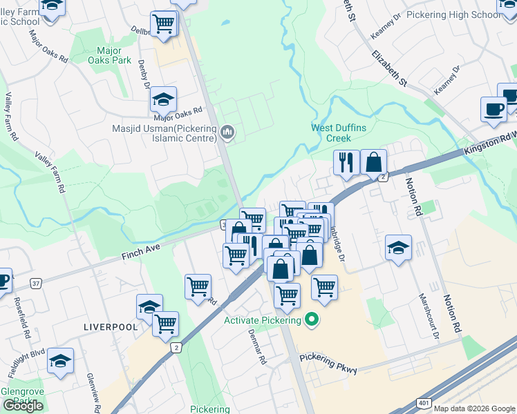 map of restaurants, bars, coffee shops, grocery stores, and more near 1714 Finch Avenue in Pickering