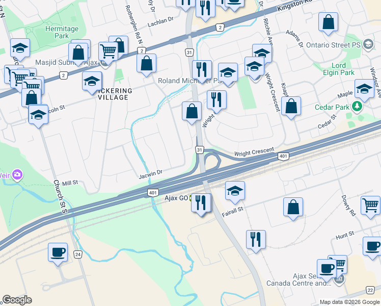 map of restaurants, bars, coffee shops, grocery stores, and more near 45 Kirkham Drive in Ajax