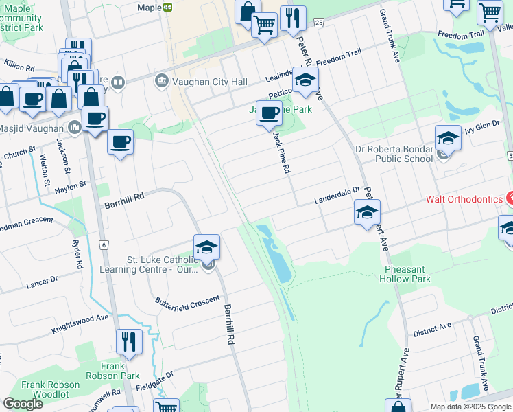 map of restaurants, bars, coffee shops, grocery stores, and more near 252 Lauderdale Drive in Vaughan