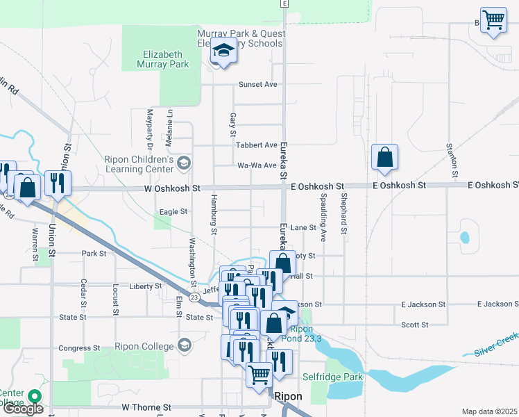 map of restaurants, bars, coffee shops, grocery stores, and more near 425 Pacific Street in Ripon
