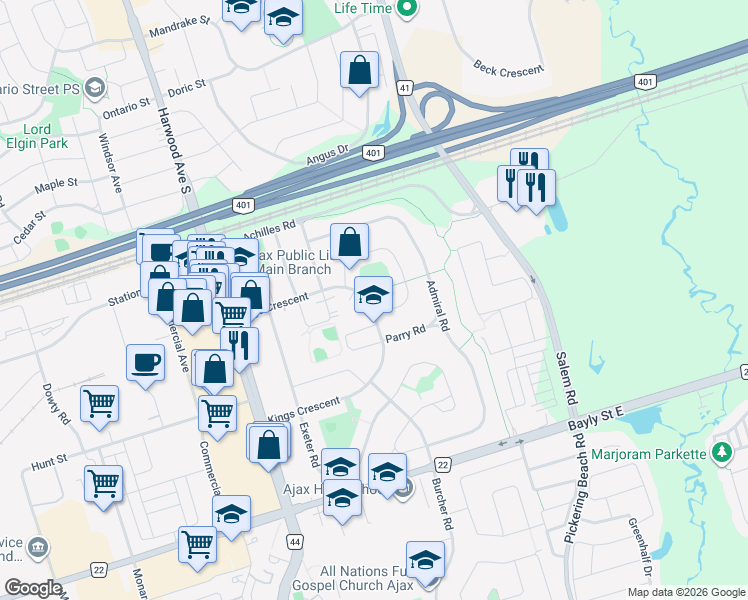 map of restaurants, bars, coffee shops, grocery stores, and more near 66 Kings Crescent in Ajax