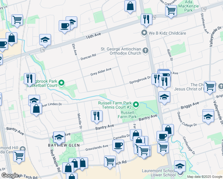 map of restaurants, bars, coffee shops, grocery stores, and more near 1 White Oak Crescent in Richmond Hill