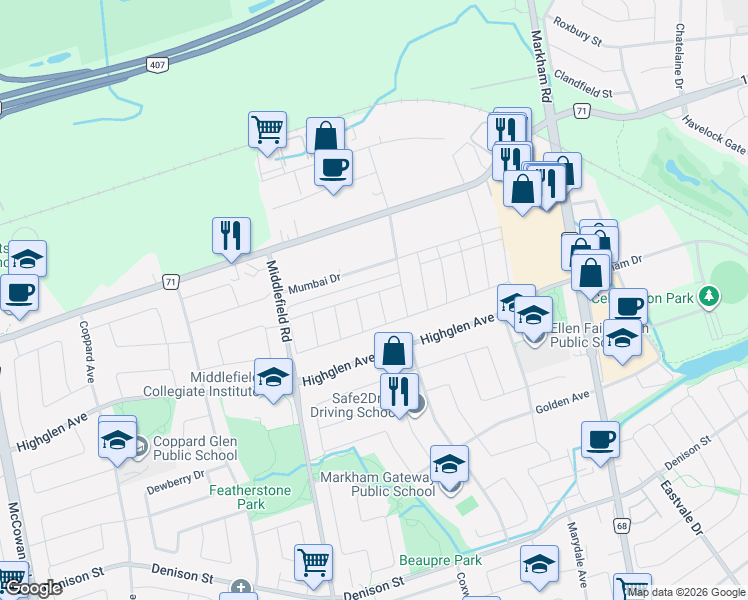 map of restaurants, bars, coffee shops, grocery stores, and more near 5757 14th Avenue in Markham