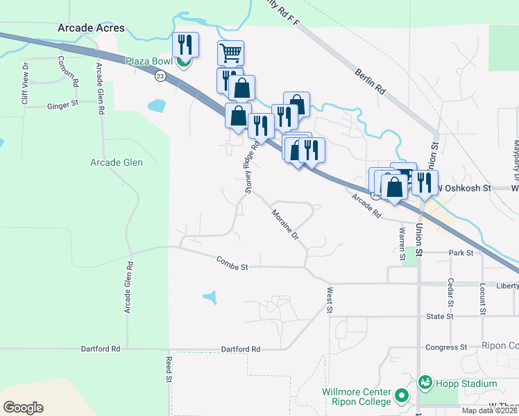 map of restaurants, bars, coffee shops, grocery stores, and more near 290 Moraine Drive in Ripon