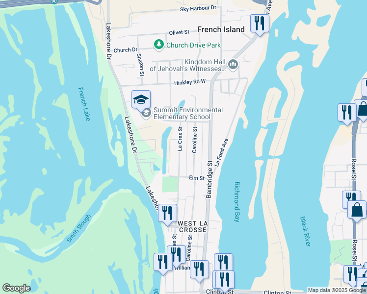 map of restaurants, bars, coffee shops, grocery stores, and more near 1734 La Crescent Street in La Crosse