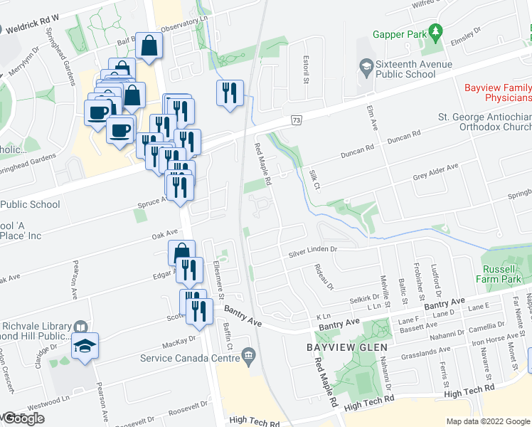 map of restaurants, bars, coffee shops, grocery stores, and more near 330 Red Maple Road in Richmond Hill