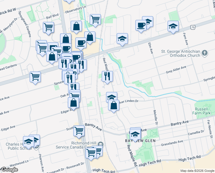 map of restaurants, bars, coffee shops, grocery stores, and more near in Richmond Hill