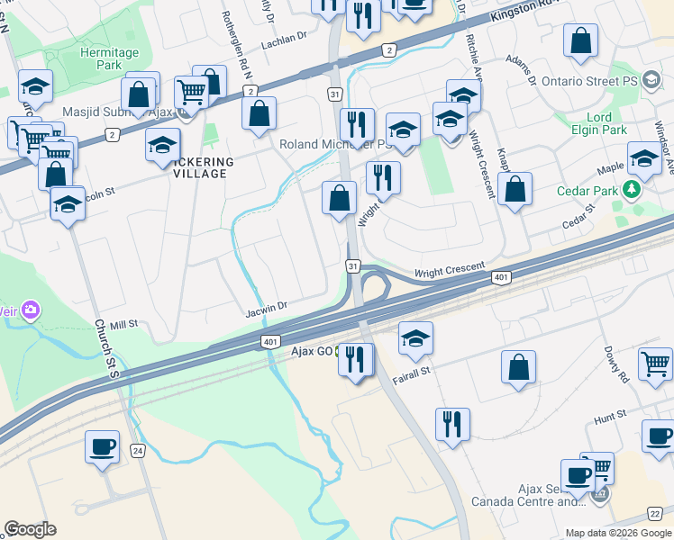 map of restaurants, bars, coffee shops, grocery stores, and more near 45 Kirkham Drive in Ajax