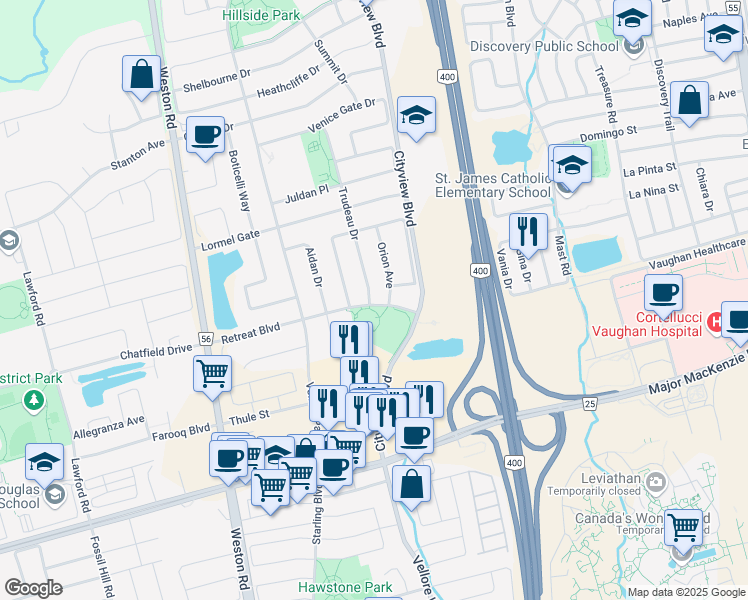 map of restaurants, bars, coffee shops, grocery stores, and more near 190 Retreat Boulevard in Vaughan