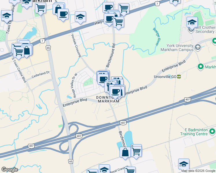 map of restaurants, bars, coffee shops, grocery stores, and more near 8119 Birchmount Road in Markham