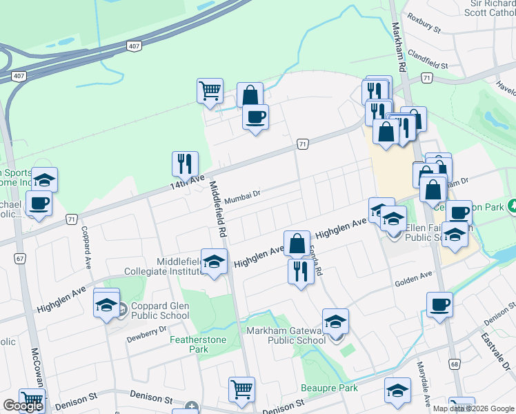 map of restaurants, bars, coffee shops, grocery stores, and more near 66 Robert Eaton Avenue in Markham