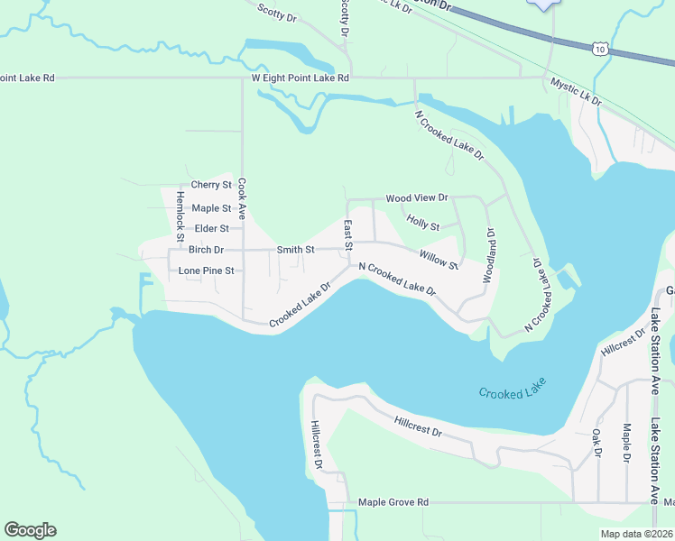 map of restaurants, bars, coffee shops, grocery stores, and more near 1391 North Crooked Lake Drive in Lake