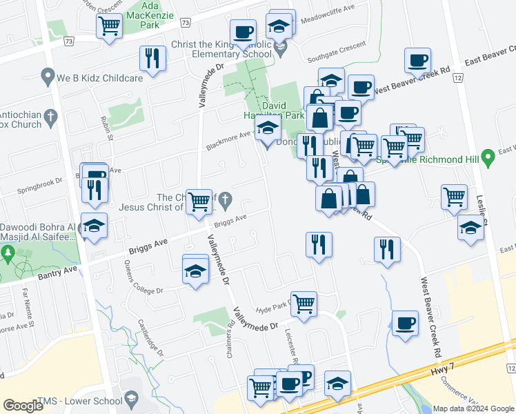 map of restaurants, bars, coffee shops, grocery stores, and more near 136 Briggs Avenue in Richmond Hill