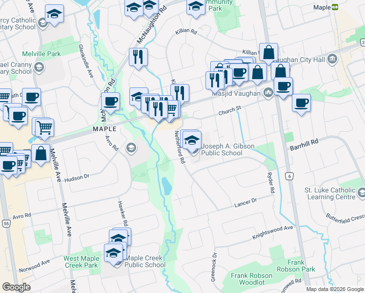 map of restaurants, bars, coffee shops, grocery stores, and more near 35 Netherford Road in Vaughan