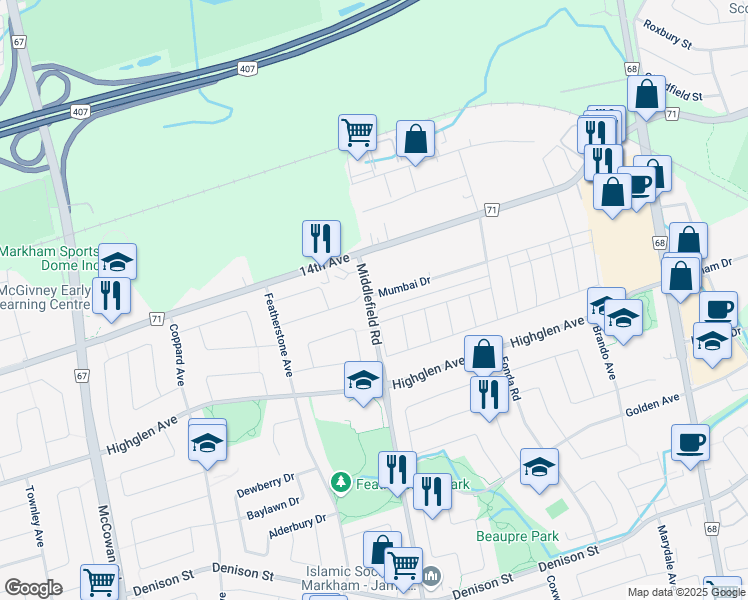 map of restaurants, bars, coffee shops, grocery stores, and more near 5685 14th Avenue in Markham