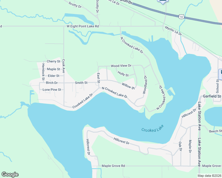 map of restaurants, bars, coffee shops, grocery stores, and more near 1202 North Crooked Lake Drive in Lake