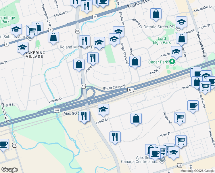 map of restaurants, bars, coffee shops, grocery stores, and more near 142 Wright Crescent in Ajax