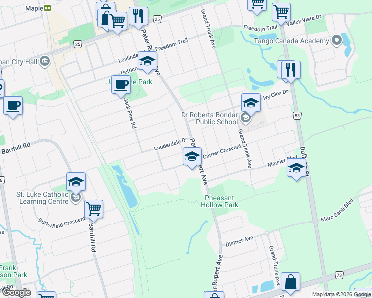 map of restaurants, bars, coffee shops, grocery stores, and more near 27 Coral Acres Drive in Vaughan