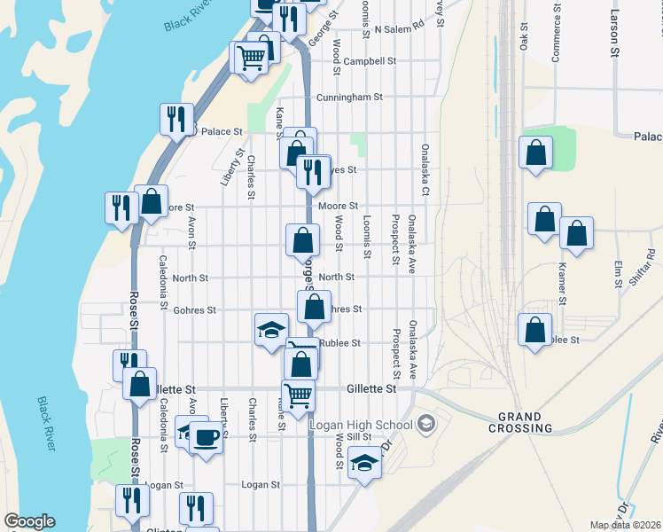 map of restaurants, bars, coffee shops, grocery stores, and more near 1923 Wood Street in La Crosse