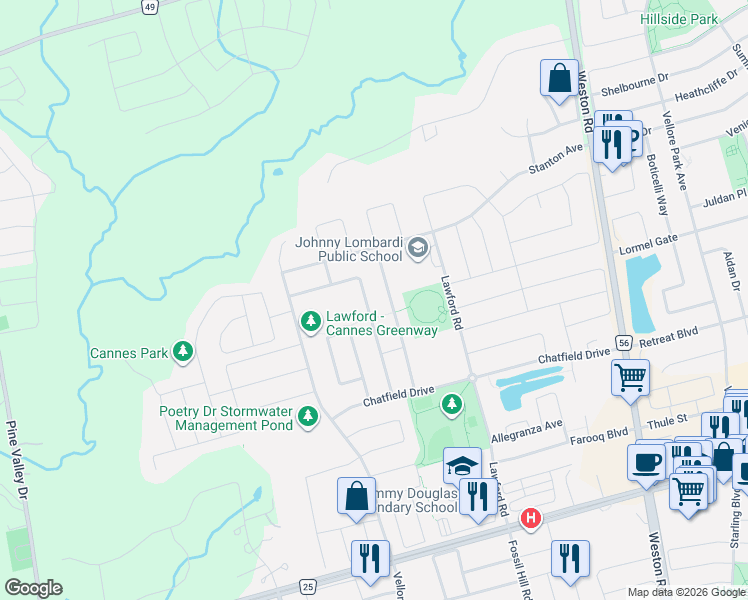 map of restaurants, bars, coffee shops, grocery stores, and more near 107 Headwind Boulevard in Vaughan