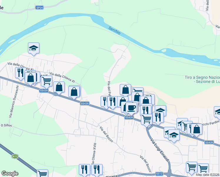 map of restaurants, bars, coffee shops, grocery stores, and more near 266 Via del Palazzaccio in Lucca