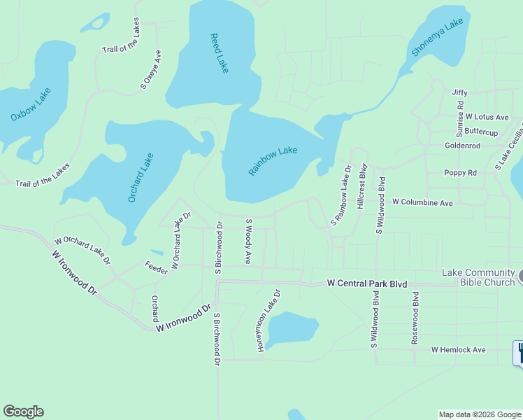 map of restaurants, bars, coffee shops, grocery stores, and more near 8828 West Rainbow Lake Drive in Baldwin