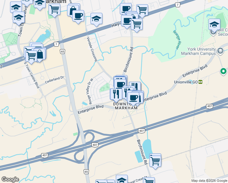 map of restaurants, bars, coffee shops, grocery stores, and more near 72 Upper Duke Crescent in Markham
