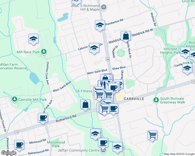 map of restaurants, bars, coffee shops, grocery stores, and more near Littleriver Court in Vaughan