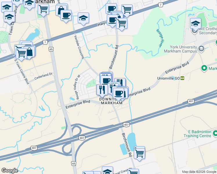 map of restaurants, bars, coffee shops, grocery stores, and more near 8110 Birchmount Road in Markham