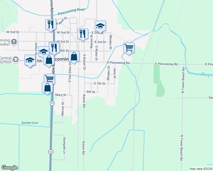 map of restaurants, bars, coffee shops, grocery stores, and more near 420 East 7th Street in Pinconning