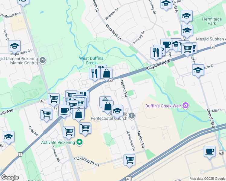 map of restaurants, bars, coffee shops, grocery stores, and more near 1881 Kingston Road in Pickering