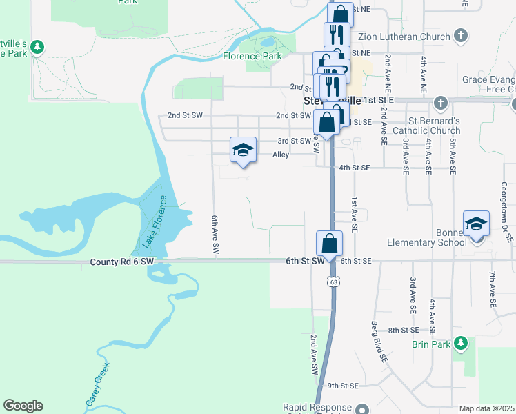 map of restaurants, bars, coffee shops, grocery stores, and more near 500 4th Street Southwest in Stewartville