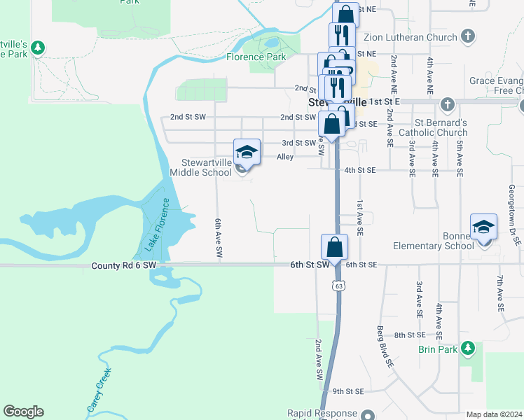 map of restaurants, bars, coffee shops, grocery stores, and more near 500 4th Street Southwest in Stewartville